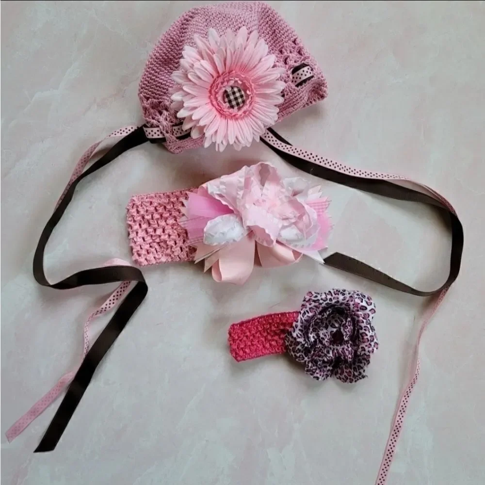 Baby girl newborn beanie knit crochet headband bun